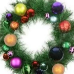Multicolored Ornaments and Pine Wreath