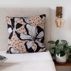 Natural & Black Embroidered Floral Throw Pillow