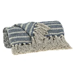 Natural Blue Striped Woven Tassel Throw