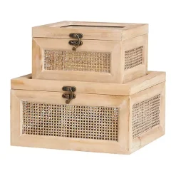Natural Rattan and Glass Top Boxes, Set of 2