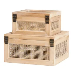Natural Rattan and Glass Top Boxes, Set of 2