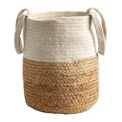 Natural Tan and White Jute Basket with Handles