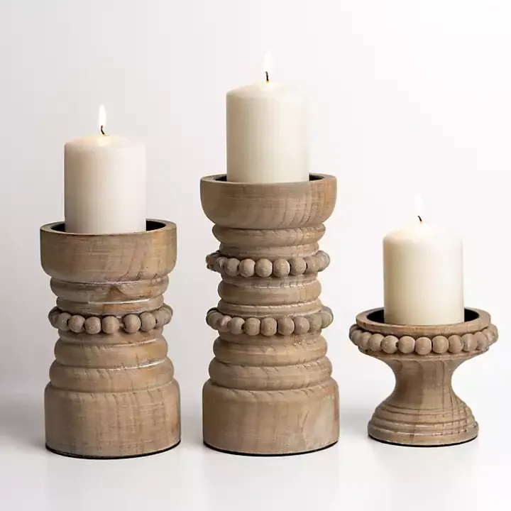 Natural Wood Beaded 3-pc. Pillar Candle Holder Set