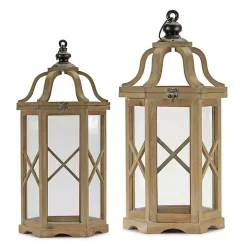 Natural Wood X-Frame Lanterns, Set of 2