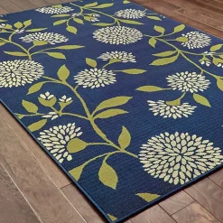Navy and Green Floral Vine Outdoor Area Rug, 5x7