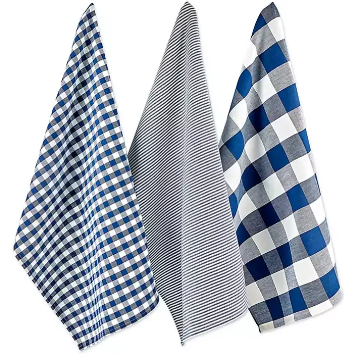 Navy and White Mixed Check Towels, Set of 3