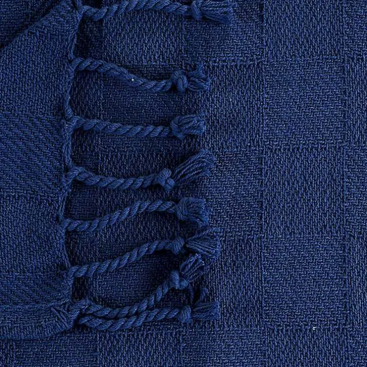 Navy Checkered Weave Fringe Throw