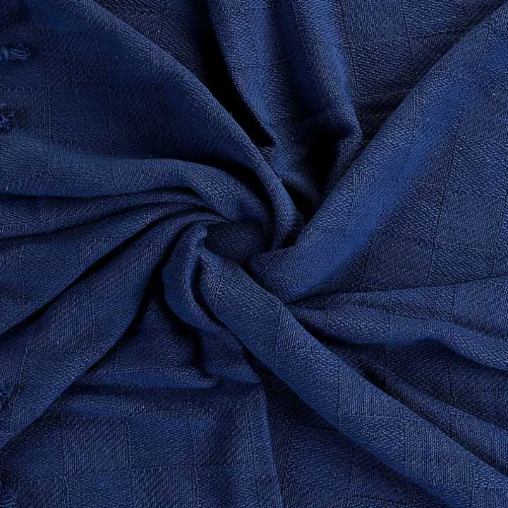 Navy Checkered Weave Fringe Throw