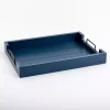 Navy Slatted Wood & Metal Handles Tray