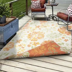 Orange & Green Floral Reversible Outdoor Rug, 5x7