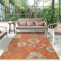 Orange & Green Floral Reversible Outdoor Rug, 5x7