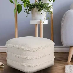 Pale Beige Tufted Stripe Cotton Square Pouf