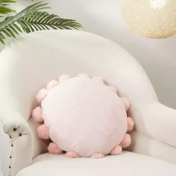 Pink Faux Fur Round Pom Pom Throw Pillow