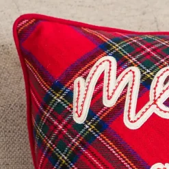 Plaid Embroidered Merry and Bright Pillow