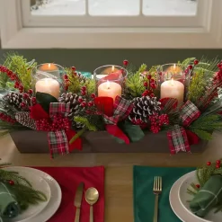 Plaid Ribbon and Berries Candle Centerpiece
