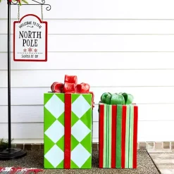 Red and Green Striped Christmas Present Statue