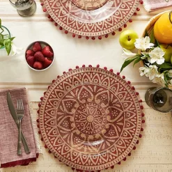 Red and Natural Print Round Placemats, Set of 6