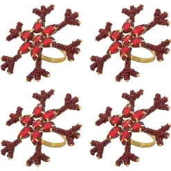 Red Beaded Snowflake Napkin Rings, Set of 4