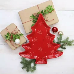 Red Christmas Tree and Snowflakes Serving Platter