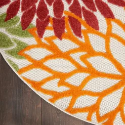 Red Floral Burst Outdoor Round Area Rug, 5 ft.