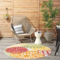 Red Floral Burst Outdoor Round Area Rug, 5 ft.