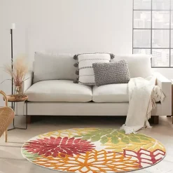 Red Floral Burst Outdoor Round Area Rug, 5 ft.