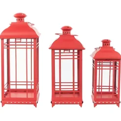 Red Metal and Glass Decorative Lanterns, Set of 3
