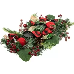 Red Plaid Ornaments and Pine Candle Centerpiece