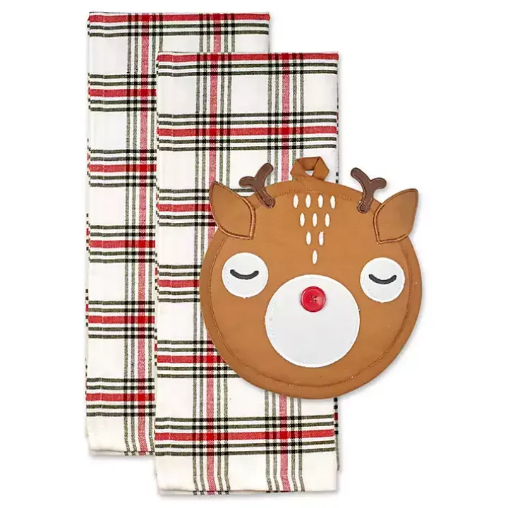 Reindeer Plaid 3-pc. Dishtowel & Potholder Set