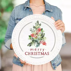 Round Merry Christmas Holly Tree Wall Plaque