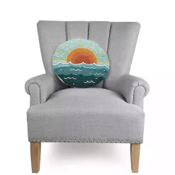 Round Sun Seascape Hooked Wool Pillow
