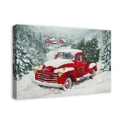 Snowy Red Truck Christmas Canvas Art Print