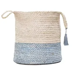 Spa Blue and White Jute Basket with Tassel, 17 in.
