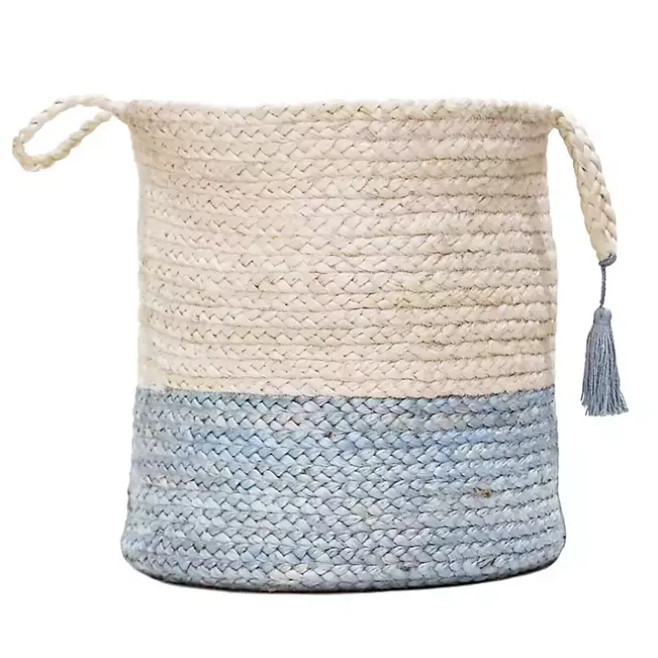 Spa Blue and White Jute Basket with Tassel, 17 in.