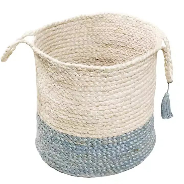 Spa Blue and White Jute Basket with Tassel, 17 in.