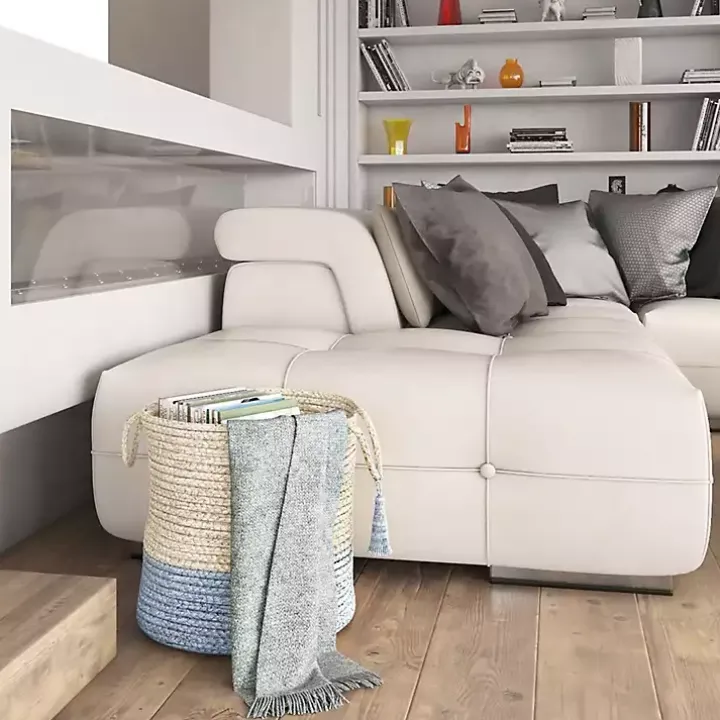 Spa Blue and White Jute Basket with Tassel, 17 in.