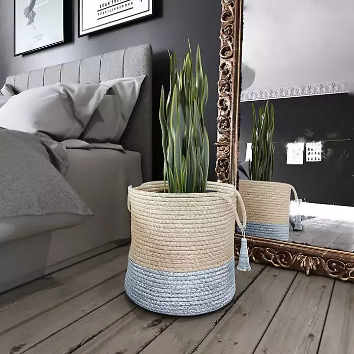 Spa Blue and White Jute Basket with Tassel, 17 in.