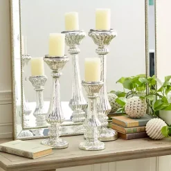 Speckled Mercury Glass Pillar Holders, Set of 3
