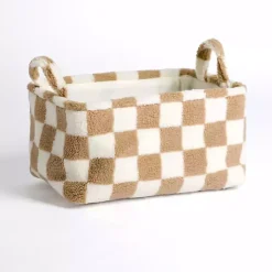 Tan & White Checkered Sherpa Storage Bin