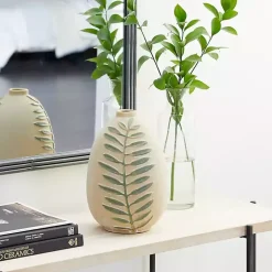 Tan Raised Green Fern Ceramic Vase, 10 in.