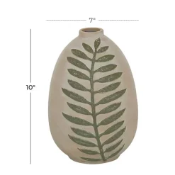 Tan Raised Green Fern Ceramic Vase, 10 in.