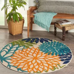 Tangerine Floral Burst Round Outdoor Area Rug