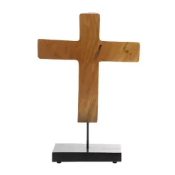 Teak Wood Floating Cross Tabletop Sculpture