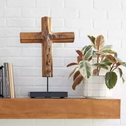 Teak Wood Floating Cross Tabletop Sculpture