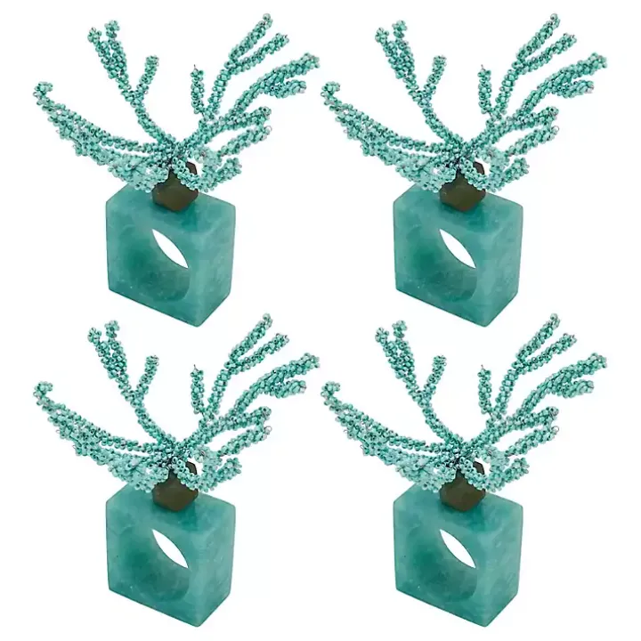 Teal Beaded Coral Napkin Rings, Set of 4