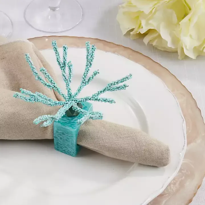 Teal Beaded Coral Napkin Rings, Set of 4