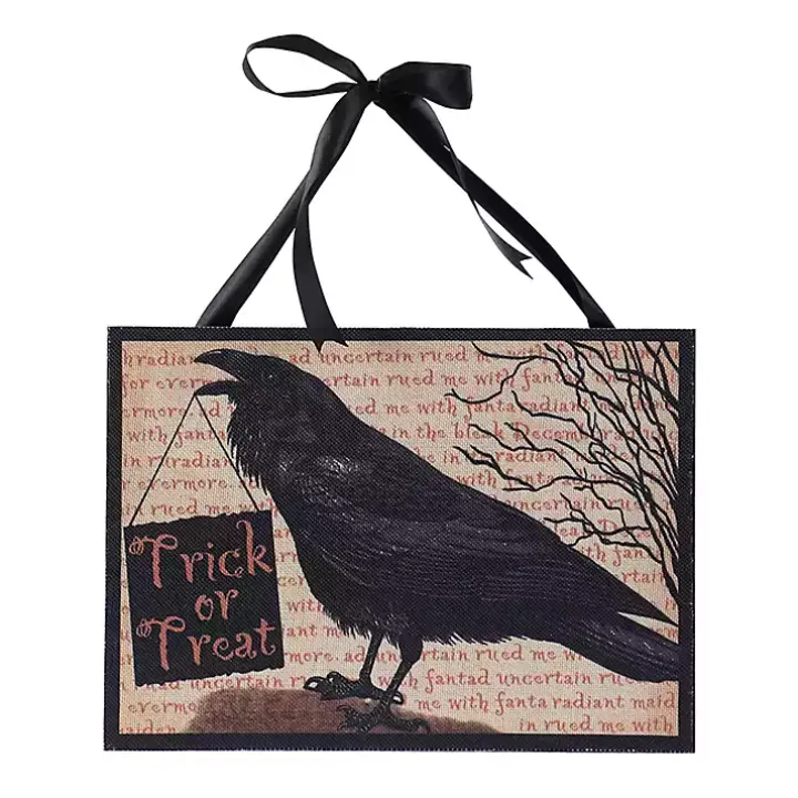 Trick or Treat Crow Spooky Wall Plaque with Ribbon
