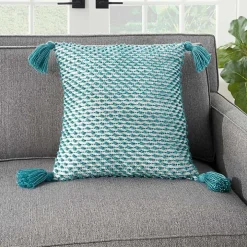 Turquoise Knotted Tassel Outdoor Throw Pillow