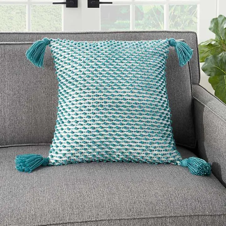 Turquoise Knotted Tassel Outdoor Throw Pillow