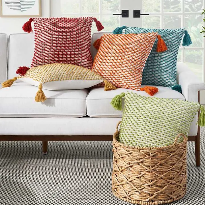 Turquoise Knotted Tassel Outdoor Throw Pillow